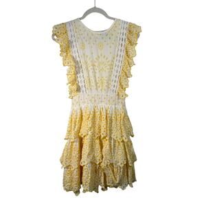 NJ Couture Yellow White Floral Tiered 100% Cotton Dress Cottage Womens Small